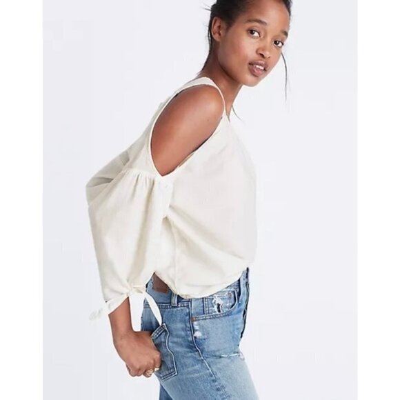𝅺MADEWELL | White Cotton Cold Shoulder Top With Ties Size XS - Picture 2 of 7